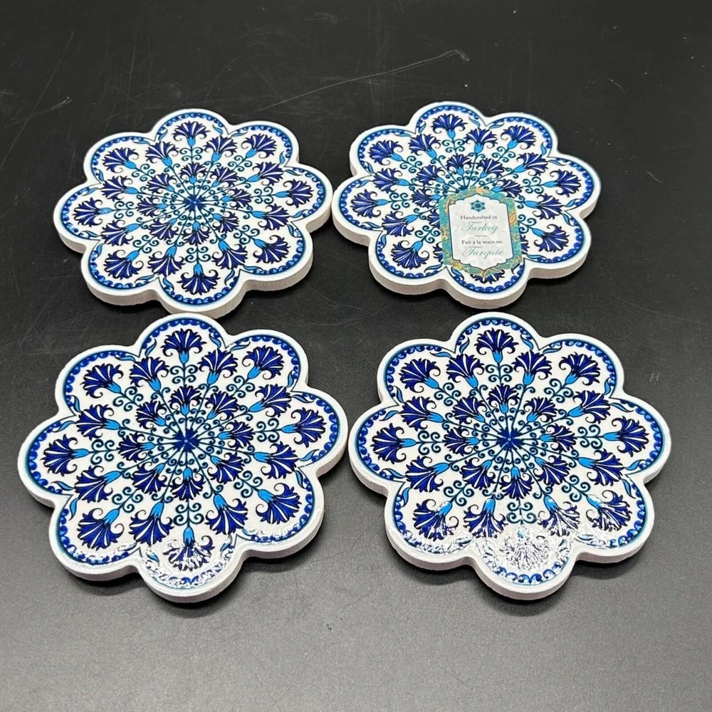 Set Of 4 Turkish Ceramic Coasters  Design Made In Turkey Blue White‎ Flower New